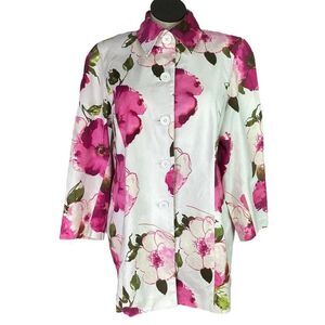 Karen Kane Jacket Women 1X Pink White Floral Button Up Long Sleeve Lined Coat